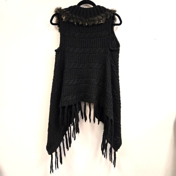 Mohair Wool Blend Y2K  Black Knit Fringe Vest Faux Fur Trim By Yag Couture ML Fo - Picture 2 of 13